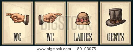 Toilet retro vintage grunge poster. Ladies Cents Pointing finger. Vector vintage color engraved illustration on a beige background. For bars restaurants cafes pubs.
