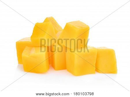 fresh mango cubes isolated on white background