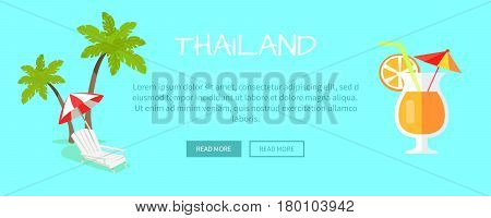 Thailand touristic web banner. Beach chaise lounge with umbrella near palms and citrus cocktail flat vector illustration. Leisure in tropical country horizontal concept for travel company landing page