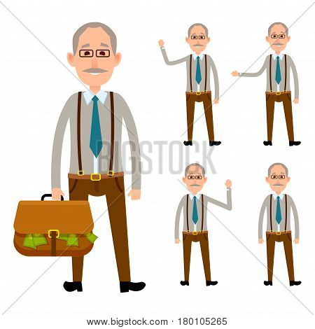 Elderly close up person holding bag with money and his four full length portraits with waving hands. Vector colorful poster with white background of man small icon collection and big picture