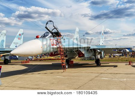 MOSCOW REGION - AUGUST 28, 2015: Russian multirole fighter Sukhoi Su-27sm3 