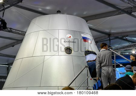 MOSCOW REGION - AUGUST 28, 2015: Russian new generation crew transportation vehicle at the International Aviation and Space Salon (MAKS) in Zhukovsky.