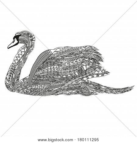 Swan with ethnic doodle pattern. Zentangle inspired pattern for anti stress coloring book pages for adults and kids