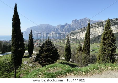 Panoramic view of Torbole and Lake Garda in spring