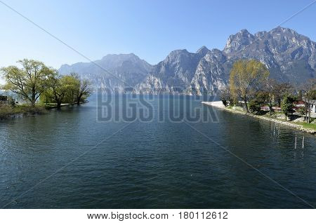 Torbole mouth of the River Sarca in Lake Garda in spring