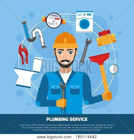 Plumber background with flat sanitary technician male character and round composition of tools and bathroom fitments vector illustration