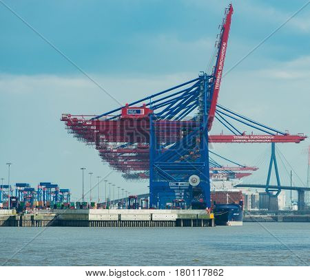 Hamburg, Germany - April 02, 2017: Container terminal Burchardkai in Hamburg on the Elbe, April 02, 2017 in Hamburg