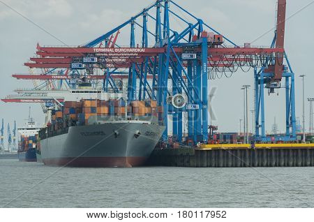 Hamburg, Germany - April 02, 2017: Container terminal Burchardkai in Hamburg on the Elbe, April 02, 2017 in Hamburg