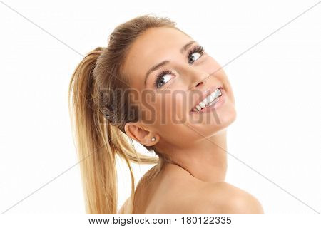 Woman face portrait isolated on white with healthy skin