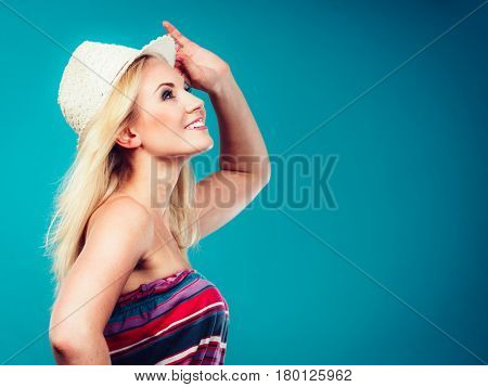 Blonde Woman Wearing Colorful Striped Strapless Shirt