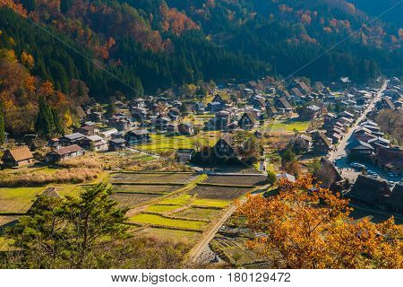 Top view point of shirakawago village world heritage in autumn Japan .