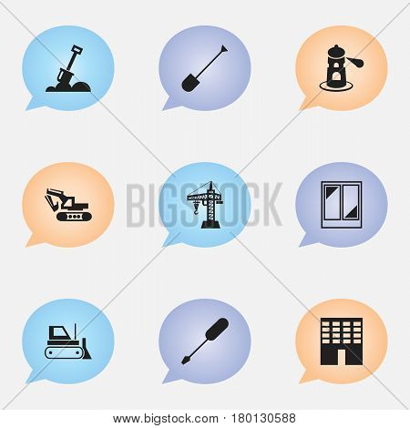 Set Of 9 Editable Construction Icons. Includes Symbols Such As Spade, Seamark, Excavation Machine And More. Can Be Used For Web, Mobile, UI And Infographic Design.