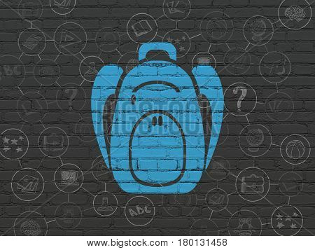 Learning concept: Painted blue Backpack icon on Black Brick wall background with Scheme Of Hand Drawn Education Icons