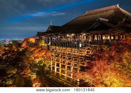 Autumn night light up at Kiyomizu-dera temple and the large veranda (Kiyomizu stage) Kyoto Japan.