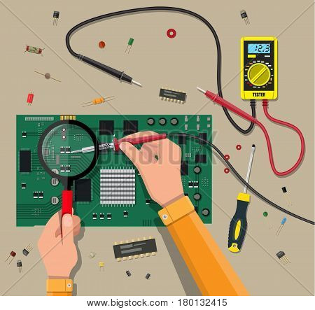 Hands of engineer with digital multimeter and soldering tool checks motherboard. PC hardware. Components for personal computer. Service, recovery, warranty, fixing. Vector illustration in flat style