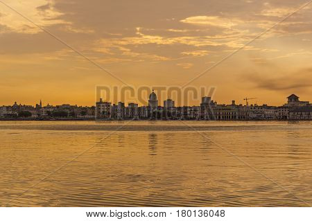 Sunset And Skyline Of The City Of Havana. Cuba