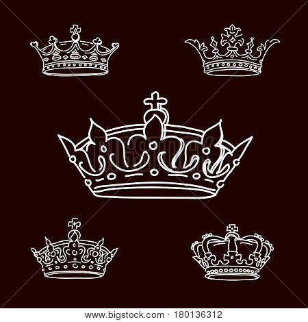 Set White Crowns on black Background. Vector Illustration
