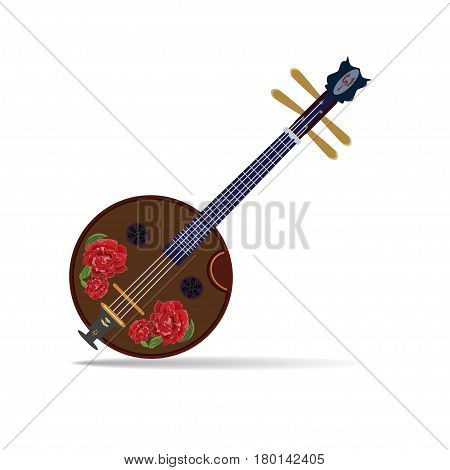 Vector illustration of ruan traditional chinese plucked string musical instrument isolated on white background. Ruan decorated with chinese peonies flat style design.