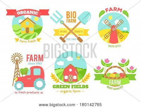Agro badges of natural fresh products, set of bio organic emblems for agricultural marketing, collection isolated on white background, vector flat style illustration