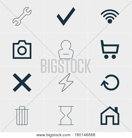 Vector Illustration Of 12 User Icons. Editable Pack Of Cordless Connection, Wheelbarrow, Mainpage And Other Elements.