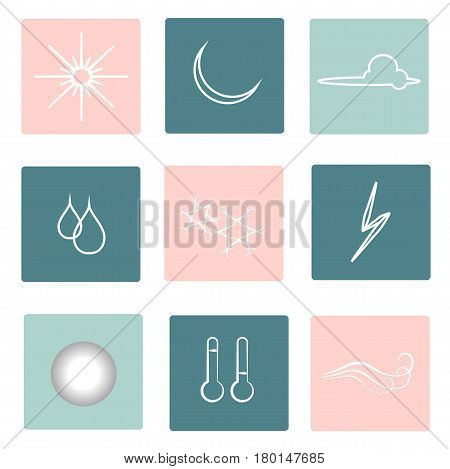 Weather flat square icons. White outlines, clouds, fog, moon, sun, rain, snow, storm, temperature, wind against a blue and pink. Hand drawing, line design, design element, stock vector illustration