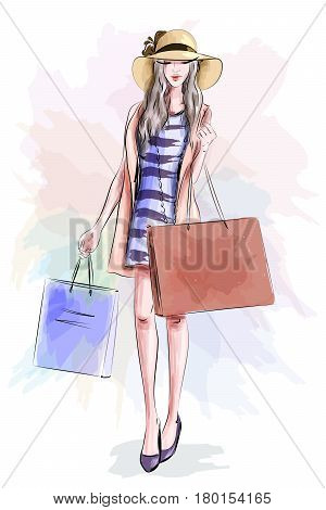 Beautiful fashion model in hat. Stylish cute girl in fashion clothes. Sketch. Vector illustration.