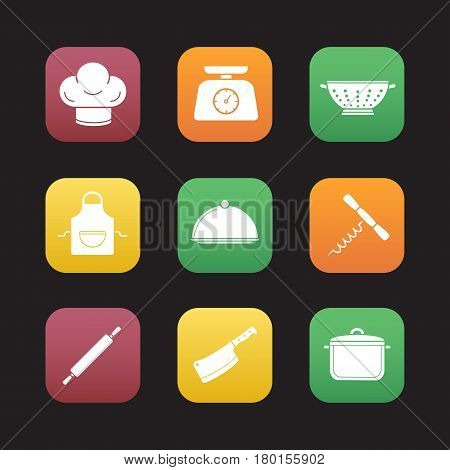 Kitchenware flat design icons set. Chef's hat, kitchen food scales, colander, apron, covered dish, stew pot, rolling pin, cleaver, corkscrew. Web application interface. Vector illustrations