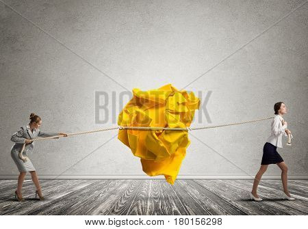 Two businesswomen playing tag of war game