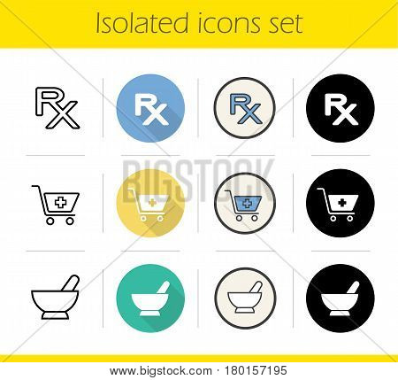 Pharmacy icons set. Flat design, linear, black and color styles. Drugstore, Shopping cart with cross, rx prescription sign, mortar and pestle. Isolated vector illustrations