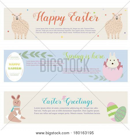 Sunny Easter banners with cute rabbits, sheep and floral ornaments