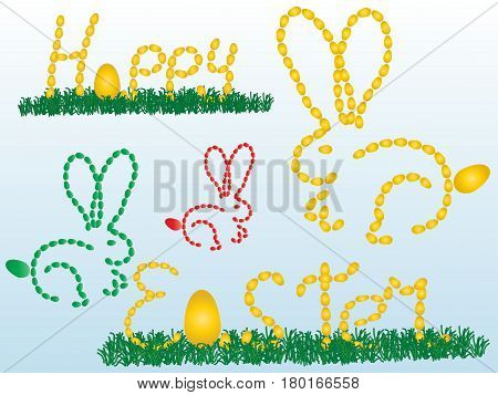 Happy easter With a rabbit and eggs in grass