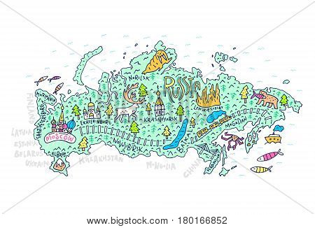 Cartoon map of Russia. Handdrawn illustration with all main tourist attractions. Great design element for travel blog, poster, tour guide company. Vector cartography.