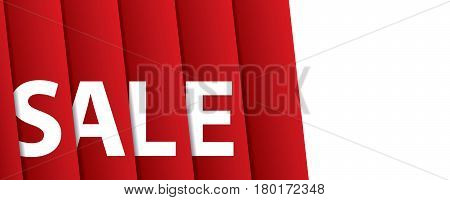 White Sale Hanging Design On Red Curtain Backdround For Banner Or Poster. Sale And Discounts Concept