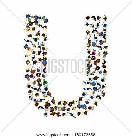 A group of people in the shape of English alphabet letter U on light background . Vector illustration.