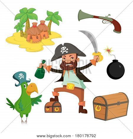 Pirate set in cartoon style. Island chest pirate parrot cannonball pistol