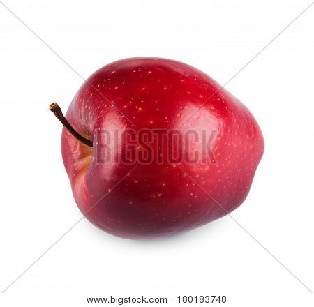 One purplish glossy red apple isolated on white background. Closeup image of sweet fruit, healthy natural organic food