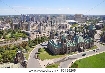 Aerial view of East Block of Parliament Buildings from Peace Tower, Ottawa, Ontario, Canada.