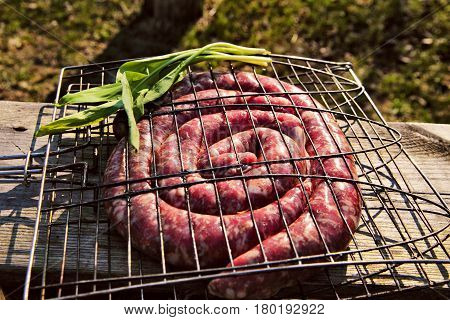 Uncooked Sausages For Barbecue. Travel Cooking