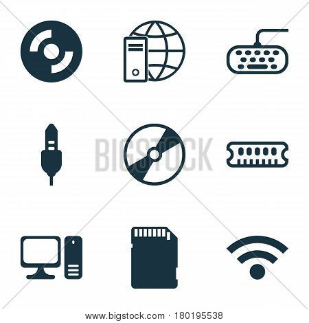 Set Of 9 Computer Hardware Icons. Includes Computer Keypad, Internet Network, Desktop Computer And Other Symbols. Beautiful Design Elements.