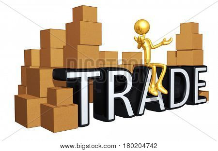 The Original 3D Character Illustration Sitting On The Word Trade With Boxes All Around
