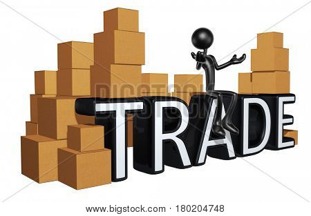 The Original 3D Character Illustration Sitting On The Word Trade With Boxes All Around
