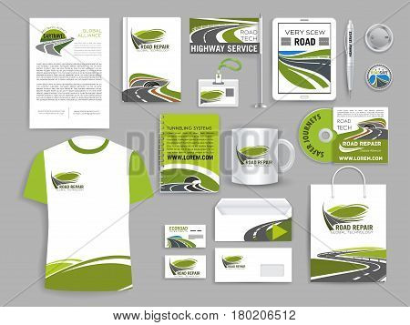 Corporate identity template for road building company. Office stationery, document page layout, business card, cover and folder with highway tunnel, road bridge and asphalt freeway brand symbols