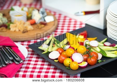 Brunch at an expensive restaurant. healthy food. plate with vegetables.
