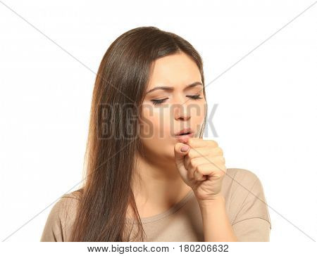 Young woman with allergy on white background