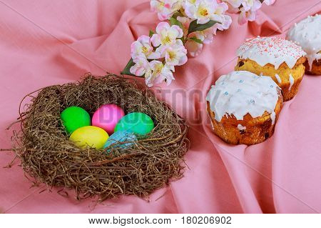 Easter cake and colored eggs religious, rustic, season, table