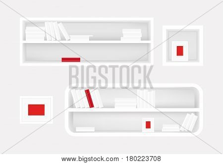 White bookshelf and photo frame. Books collection with one red book. Realistic vector. For furniture banners design