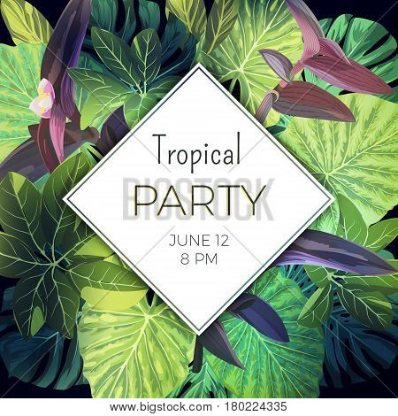 Summer tropical party flyer template with palm leaves and exotic purple flowers. Floral background, vector illustration.