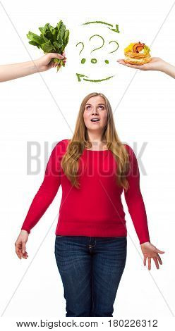 Unhealthy and healthy food. The oncept of dieting and healthy lifestyle for fat woman