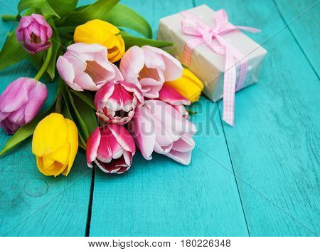 Spring Tulips Flowers And Gift Box