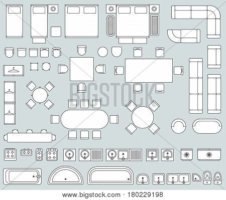 Top view interior with line furniture icons vector. Set of furniture for office or house, illustration of sofa armchair and bed furniture